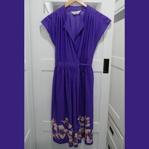 Vintage 70's Beach Wrap Dress Purple Tropical Flowers Pink Sheer Retro Pin Up